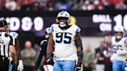 Nov 16, 2025; Atlanta, Georgia, USA; Carolina Panthers defensive tackle Derrick Brown (95) looks on in the third quarter against the Atlanta Falcons at Mercedes-Benz Stadium. Mandatory Credit: Brett Davis-Imagn Images