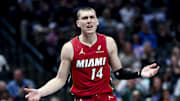 Feb 13, 2025; Dallas, Texas, USA;  Miami Heat guard Tyler Herro (14) reacts during the first half against the Dallas Mavericks at American Airlines Center. Mandatory Credit: Kevin Jairaj-Imagn Images