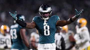 Jan 12, 2025; Philadelphia, Pennsylvania, USA; Philadelphia Eagles safety C.J. Gardner-Johnson (8) reacts against the Green Bay Packers during the first half in an NFC wild card game at Lincoln Financial Field. Mandatory Credit: Bill Streicher-Imagn Images