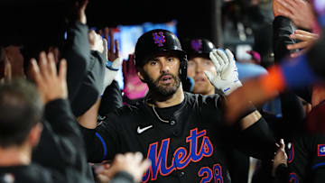 May 31, 2024; New York City, New York, USA; New York Mets designated hitter JD Martinez (28) is congratulated by teammates for hitting a home run against the Arizona Diamondbacks during the sixth inning at Citi Field. Mandatory Credit: Gregory Fisher-USA TODAY Sports