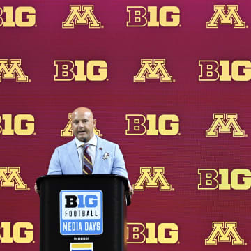 Minnesota coach P.J. Fleck speaks to the media during Big Ten media day at Lucas Oil Stadium in Indianapolis on July 25, 2024.