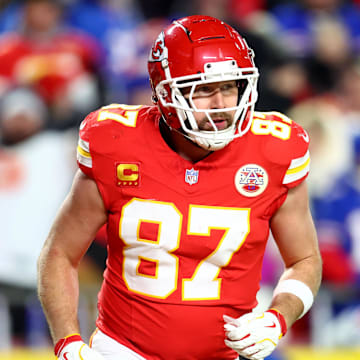 Kansas City Chiefs tight end Travis Kelce (87) reacts against the Buffalo Bills