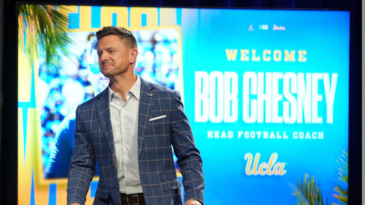 Dec 9, 2025; Los Angeles, CA, USA; Bob Chesney is introduced as UCLA Bruins football coach at press conference at Renee Luskin Conference Center Centennial Ballroom. Mandatory Credit: Kirby Lee-Imagn Images