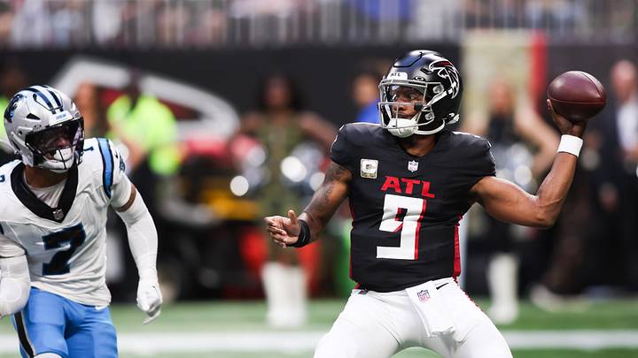 Nov 16, 2025; Atlanta, Georgia, USA; Atlanta Falcons quarterback Michael Penix Jr. (9) throws the ball in the third quarter against the Carolina Panthers at Mercedes-Benz Stadium. Mandatory Credit: Brett Davis-Imagn Images