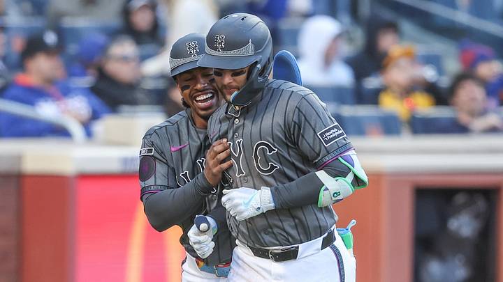 Apr 11, 2026; New York City, New York, USA;  New York Mets third baseman Bo Bichette (19) is greeted by shortstop Francisco Lindor (12) after hitting a two-run home run in the fifth inning against the Athletics at Citi Field. Mandatory Credit: Wendell Cruz-Imagn Images