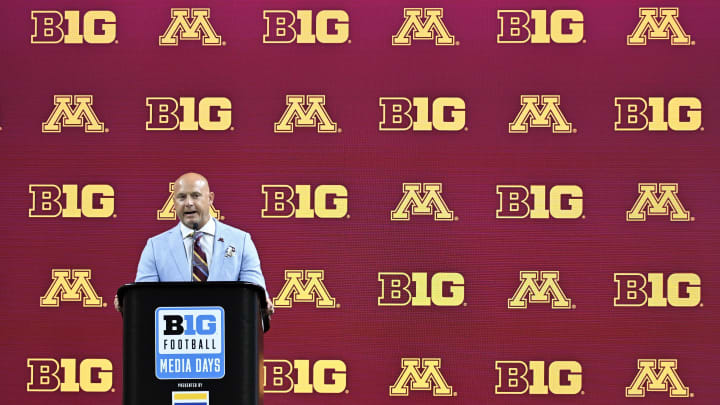 Minnesota coach P.J. Fleck speaks to the media during Big Ten media day at Lucas Oil Stadium in Indianapolis on July 25, 2024.