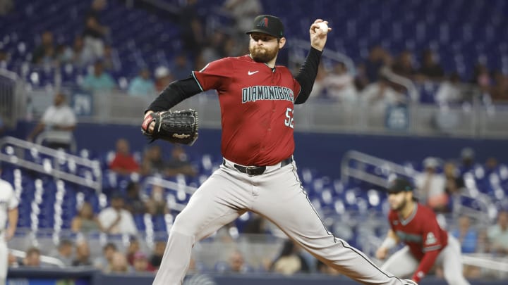 Aug 21, 2024; Miami, Florida, USA;  Arizona Diamondbacks starting pitcher Jordan Montgomery (52) pitches against the Miami Marlins in the second inning at loanDepot Park. Mandatory Credit: Rhona Wise-USA TODAY Sports