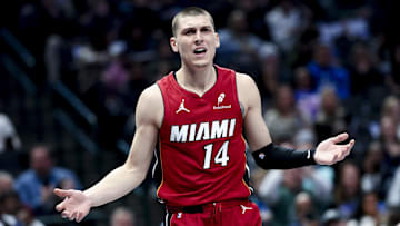Feb 13, 2025; Dallas, Texas, USA;  Miami Heat guard Tyler Herro (14) reacts during the first half against the Dallas Mavericks at American Airlines Center. Mandatory Credit: Kevin Jairaj-Imagn Images