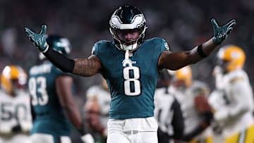 Jan 12, 2025; Philadelphia, Pennsylvania, USA; Philadelphia Eagles safety C.J. Gardner-Johnson (8) reacts against the Green Bay Packers during the first half in an NFC wild card game at Lincoln Financial Field.