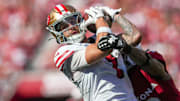 Sep 21, 2025; Santa Clara, California, USA; San Francisco 49ers wide receiver Ricky Pearsall (1) makes the catch against the Arizona Cardinals during the second half at Levi's Stadium. Mandatory Credit: Cary Edmondson-Imagn Images