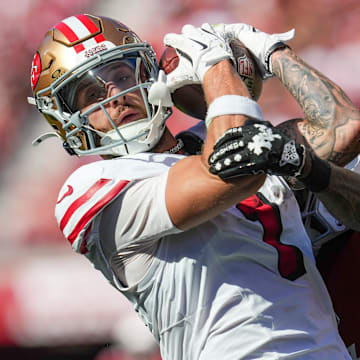 Sep 21, 2025; Santa Clara, California, USA; San Francisco 49ers wide receiver Ricky Pearsall (1) makes the catch against the Arizona Cardinals during the second half at Levi's Stadium. Mandatory Credit: Cary Edmondson-Imagn Images