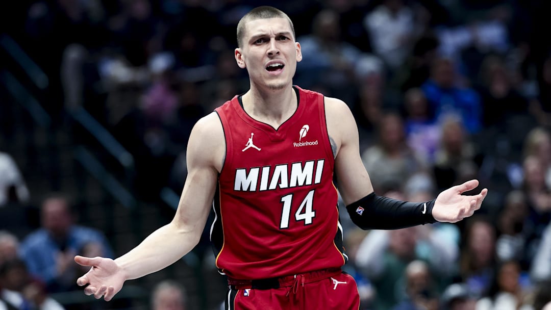 Feb 13, 2025; Dallas, Texas, USA;  Miami Heat guard Tyler Herro (14) reacts during the first half against the Dallas Mavericks at American Airlines Center. Mandatory Credit: Kevin Jairaj-Imagn Images