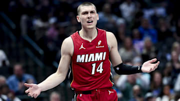 Feb 13, 2025; Dallas, Texas, USA;  Miami Heat guard Tyler Herro (14) reacts during the first half against the Dallas Mavericks at American Airlines Center. Mandatory Credit: Kevin Jairaj-Imagn Images