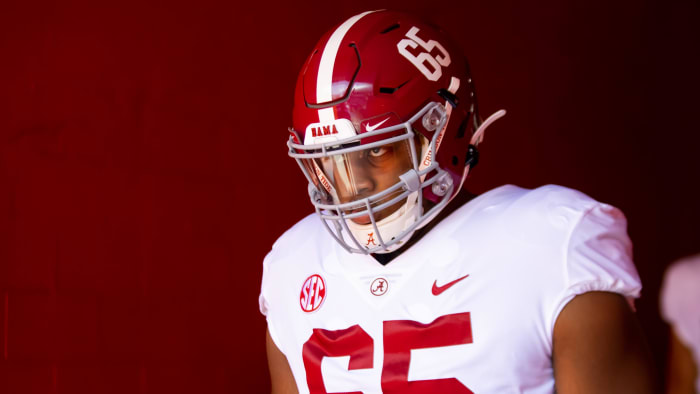 Sep 18, 2021; Gainesville, Florida, USA; Alabama Crimson Tide offensive lineman JC Latham (65)