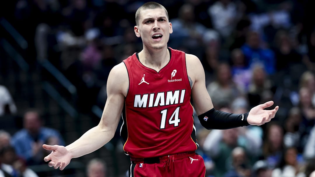 Feb 13, 2025; Dallas, Texas, USA;  Miami Heat guard Tyler Herro (14) reacts during the first half against the Dallas Mavericks at American Airlines Center. Mandatory Credit: Kevin Jairaj-Imagn Images