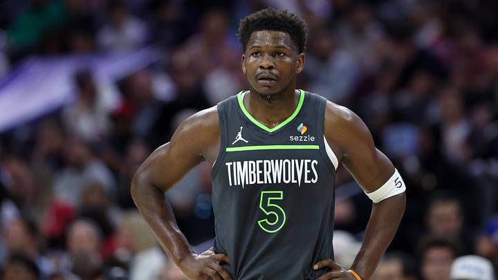 Apr 3, 2026; Philadelphia, Pennsylvania, USA; Minnesota Timberwolves guard Anthony Edwards (5) looks on during the first quarter against the Philadelphia 76ers at Xfinity Mobile Arena. Mandatory Credit: Bill Streicher-Imagn Images