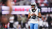 Nov 16, 2025; Atlanta, Georgia, USA; Carolina Panthers quarterback Bryce Young (9) looks on in the third quarter against the Atlanta Falcons at Mercedes-Benz Stadium. Mandatory Credit: Brett Davis-Imagn Images
