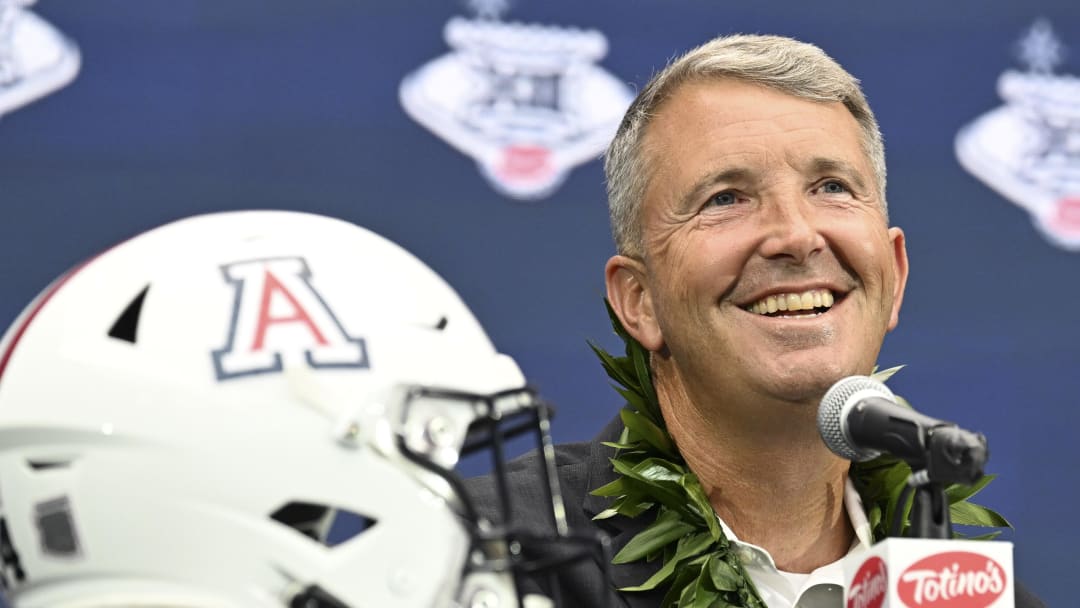 Jul 10, 2024; Las Vegas, NV, USA; Arizona Wildcats head coach Brent Brennan speaks to the media during the Big 12 Media Days at Allegiant Stadium. Mandatory Credit: Candice Ward-USA TODAY Sports