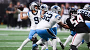 Nov 16, 2025; Atlanta, Georgia, USA; Carolina Panthers quarterback Bryce Young (9) prepares to throw in the third quarter against the Atlanta Falcons at Mercedes-Benz Stadium. Mandatory Credit: Brett Davis-Imagn Images