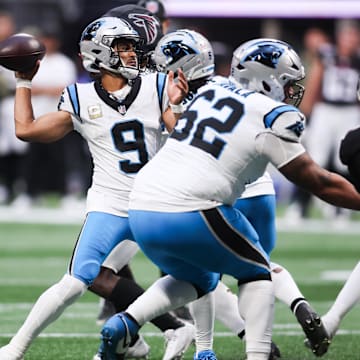 Nov 16, 2025; Atlanta, Georgia, USA; Carolina Panthers quarterback Bryce Young (9) prepares to throw in the third quarter against the Atlanta Falcons at Mercedes-Benz Stadium. Mandatory Credit: Brett Davis-Imagn Images