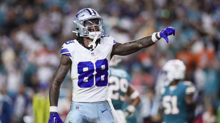 Dallas Cowboys wide receiver CeeDee Lamb (88) reacts toward Miami Dolphins fans during the fourth quarter at Hard Rock Stadium