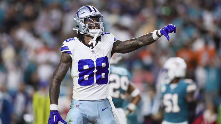 Dec 24, 2023; Miami Gardens, Florida, USA; Dallas Cowboys wide receiver CeeDee Lamb (88) reacts toward Miami Dolphins fans during the fourth quarter at Hard Rock Stadium. Mandatory Credit: Sam Navarro-USA TODAY Sports