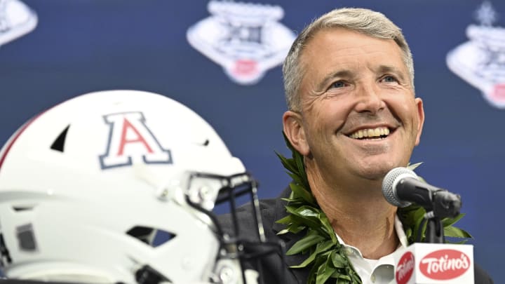 Jul 10, 2024; Las Vegas, NV, USA; Arizona Wildcats head coach Brent Brennan speaks to the media during the Big 12 Media Days at Allegiant Stadium. 