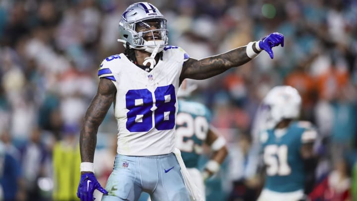 Dec 24, 2023; Miami Gardens, Florida, USA; Dallas Cowboys wide receiver CeeDee Lamb (88) reacts toward Miami Dolphins fans during the fourth quarter at Hard Rock Stadium.