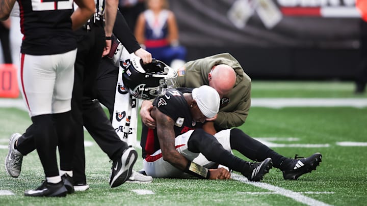 Michael Penix Jr. left Sunday's Falcons game with a knee injury. Michael Penix Jr. left Sunday's Falcons game with a knee injury.