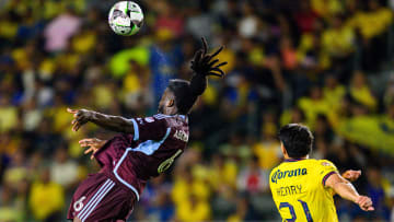 Aug 17, 2024; Carson, California, USA; Colorado Rapids defender Lalas Abubakar (6) heads the ball away from Club America forward Henry Martín (21) during the second half in a Leagues Cup quarterfinal match at Dignity Health Sports Park. Mandatory Credit: Kelvin Kuo-USA TODAY Sports