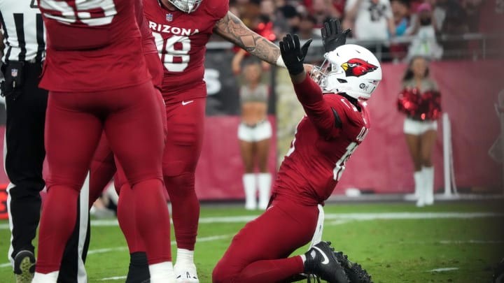 Arizona Cardinals linebacker BJ Ojulari (18) celebrates his sack against the Atlanta Falcons at State Farm Stadium on Nov. 12, 2023, in Glendale.