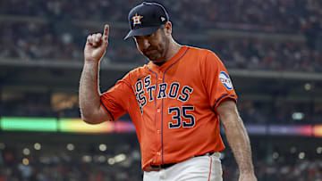 Sep 20, 2024; Houston, Texas, USA; Houston Astros starting pitcher Justin Verlander (35) motions to the crowd while walking to the dugout after a pitching change in the fifth inning against the Los Angeles Angels at Minute Maid Park. Mandatory Credit: Troy Taormina-Imagn Images