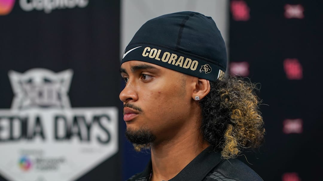 Jul 9, 2025; Frisco, TX, USA; Colorado quarterback Julian Lewis speaks with the media during 2025 Big 12 Football Media Days at The Star. 