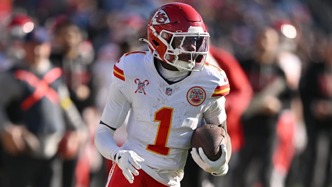 Dec 21, 2025; Nashville, Tennessee, USA; Kansas City Chiefs wide receiver Xavier Worthy (1) runs during the second half against the Tennessee Titans at Nissan Stadium.
