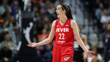 Sep 25, 2024; Uncasville, Connecticut, USA; Indiana Fever guard Caitlin Clark (22) reacts during the second half against the Connecticut Sun during game two of the first round of the 2024 WNBA Playoffs at Mohegan Sun Arena. Mandatory Credit: Paul Rutherford-Imagn Images