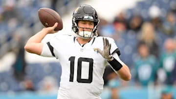 Dec 8, 2024; Nashville, Tennessee, USA;  Jacksonville Jaguars quarterback Mac Jones (10) warms up before a game against the Tennessee Titans at Nissan Stadium. Mandatory Credit: Steve Roberts-Imagn Images