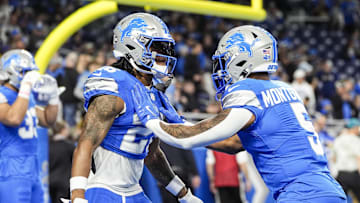 Nov 17, 2024; Detroit, MI, USA; Detroit Lions running back Jahmyr Gibbs (26) warms up with running back David Montgomery (5) before the game between Detroit Lions and Jacksonville Jaguars at Ford Field in Detroit on Sunday, Nov. 17, 2024. Mandatory Credit: Junfu Han/USA TODAY Network via Imagn Images 