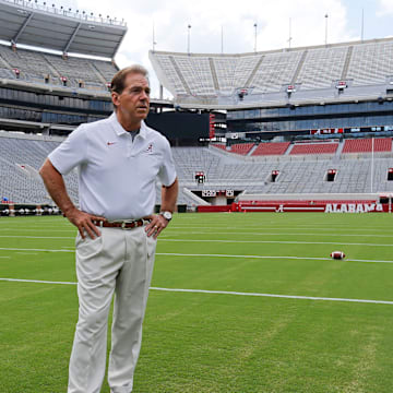 Coach Nick Saban stands on the turf inside Bryant-Denny Stadium during media day Saturday, August 3, 2019 in Bryant-Denny Stadium. [Staff Photo/Gary Cosby Jr.]