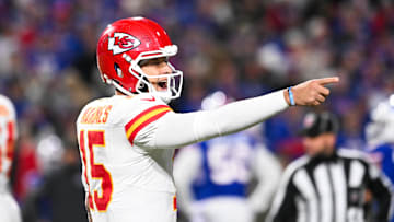 Nov 2, 2025; Orchard Park, New York, USA; Kansas City Chiefs quarterback Patrick Mahomes (15) reacts in the second half against the Buffalo Bills at Highmark Stadium. Mandatory Credit: Mark Konezny-Imagn Images