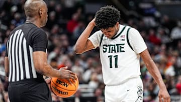Michigan State guard Jase Richardson (11) checks his head as he walks for free throw after Oregon fouls on him during the second half of Big Ten Tournament quarterfinal at Gainbridge Fieldhouse in Indianapolis, Ind. on Friday, March 14, 2025.