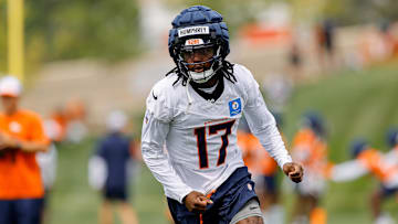 Jul 26, 2024; Englewood, CO, USA; Denver Broncos wide receiver Lil'Jordan Humphrey (17) during training camp at Broncos Park Powered by CommonSpirit.  