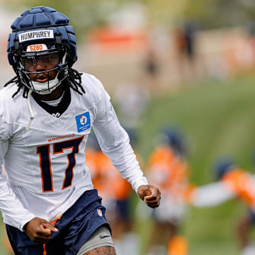 Jul 26, 2024; Englewood, CO, USA; Denver Broncos wide receiver Lil'Jordan Humphrey (17) during training camp at Broncos Park Powered by CommonSpirit.  
