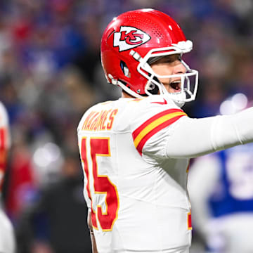 Nov 2, 2025; Orchard Park, New York, USA; Kansas City Chiefs quarterback Patrick Mahomes (15) reacts in the second half against the Buffalo Bills at Highmark Stadium. Mandatory Credit: Mark Konezny-Imagn Images