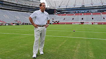 Coach Nick Saban stands on the turf inside Bryant-Denny Stadium during media day Saturday, August 3, 2019 in Bryant-Denny Stadium. [Staff Photo/Gary Cosby Jr.]