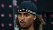 Jul 9, 2025; Frisco, TX, USA; Colorado quarterback Julian Lewis speaks with the media during 2025 Big 12 Football Media Days at The Star. Mandatory Credit: Raymond Carlin III-Imagn Images