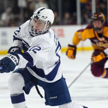 Oct 4, 2025; Tempe, AZ, USA; Penn State Nittany Lions forward Gavin McKenna (72) shoots against the Arizona State Sun Devils during the third period at Mullett Arena. Mandatory Credit: Joe Camporeale-Imagn Images