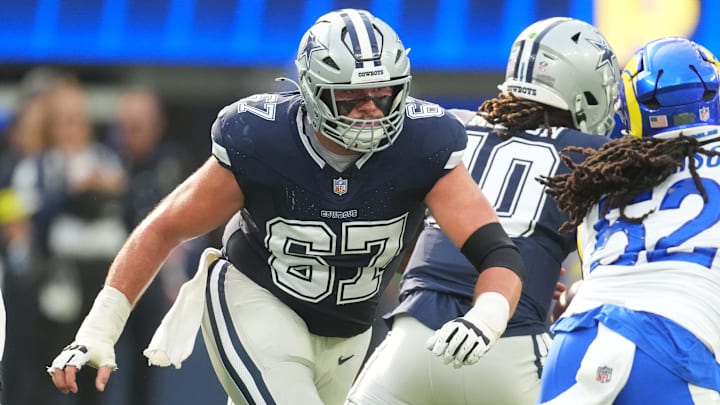 Aug 9, 2025; Inglewood, California, USA; Dallas Cowboys center Brock Hoffman (67) against the Los Angeles Rams in the first half at SoFi Stadium.