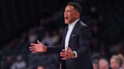 Dec 3, 2025; Atlanta, Georgia, USA; Georgia Tech Yellow Jackets head coach Damon Stoudamire on the sideline against the Mississippi State Bulldogs in the first half at McCamish Pavilion. Mandatory Credit: Brett Davis-Imagn Images
