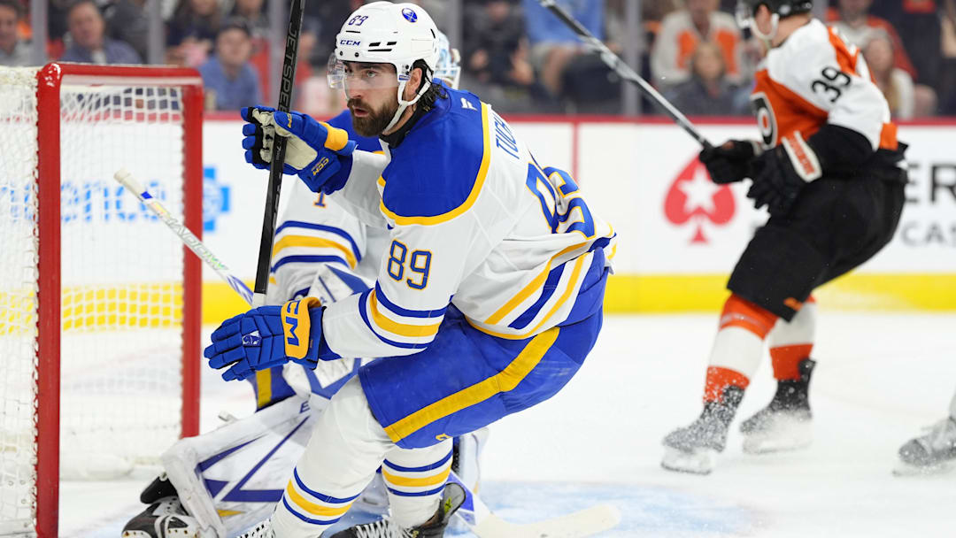 Mar 29, 2025; Philadelphia, Pennsylvania, USA; Buffalo Sabres right wing Alex Tuch (89) in action against the Philadelphia Flyers in the second period at Wells Fargo Center. Mandatory Credit: Kyle Ross-Imagn Images