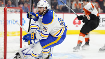 Mar 29, 2025; Philadelphia, Pennsylvania, USA; Buffalo Sabres right wing Alex Tuch (89) in action against the Philadelphia Flyers in the second period at Wells Fargo Center. Mandatory Credit: Kyle Ross-Imagn Images
